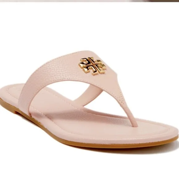 Tory Burch Sea Shell Pink &amp; Gold Jolie Leather Sandal Flat Thong 8.5