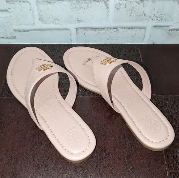 Tory Burch Sea Shell Pink &amp; Gold Jolie Leather Sandal Flat Thong 8.5