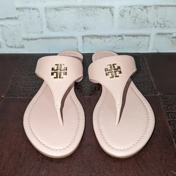 Tory Burch Sea Shell Pink &amp; Gold Jolie Leather Sandal Flat Thong 8.5