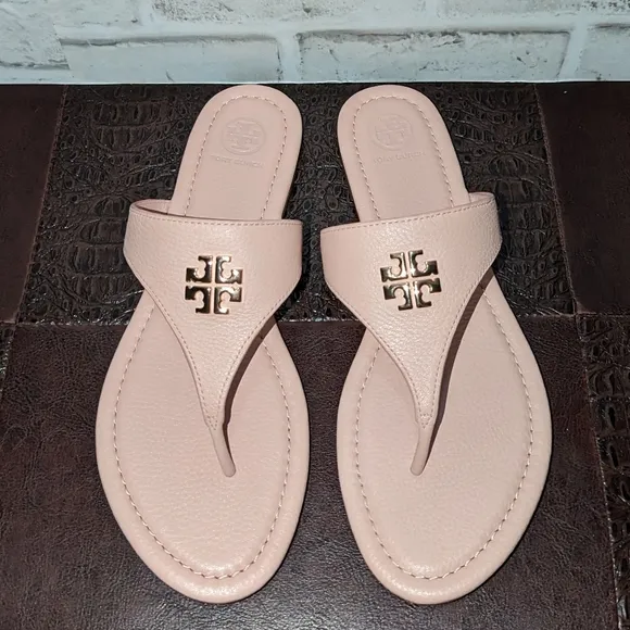 Tory Burch Sea Shell Pink &amp; Gold Jolie Leather Sandal Flat Thong 8.5