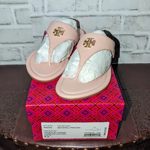 Tory Burch Sea Shell Pink &amp; Gold Jolie Leather Sandal Flat Thong 8.5