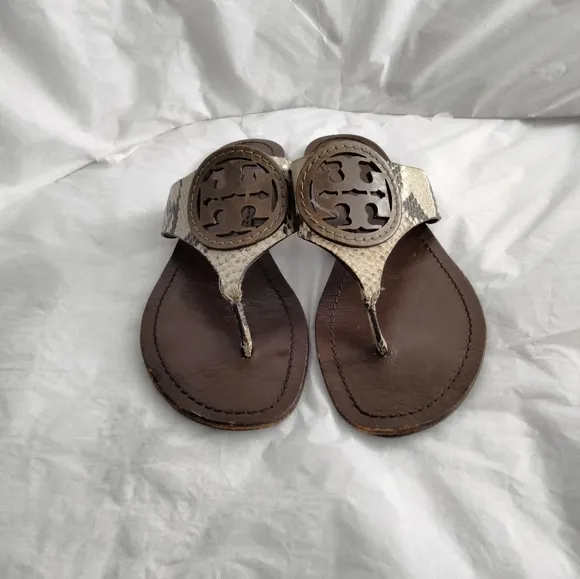 Tory Burch stamped snake printed leather Miller sandals size 8.5