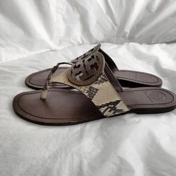 Tory Burch stamped snake printed leather Miller sandals size 8.5