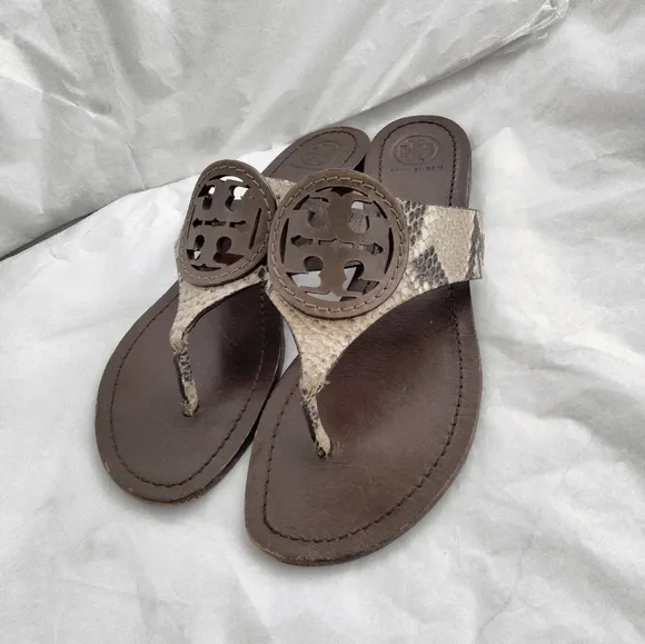 Tory Burch stamped snake printed leather Miller sandals size 8.5