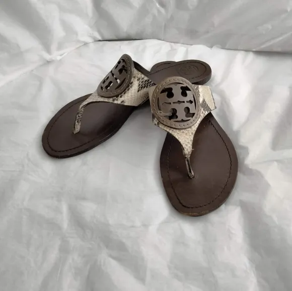 Tory Burch stamped snake printed leather Miller sandals size 8.5
