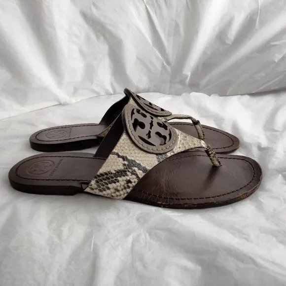 Tory Burch stamped snake printed leather Miller sandals size 8.5