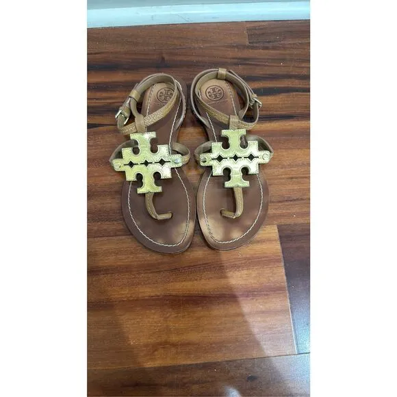 Tory Burch Tan and Gold Cross Sandals Size 6