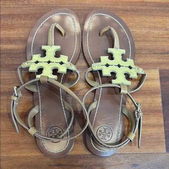 Tory Burch Tan and Gold Cross Sandals Size 6