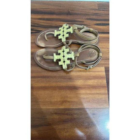 Tory Burch Tan and Gold Cross Sandals Size 6