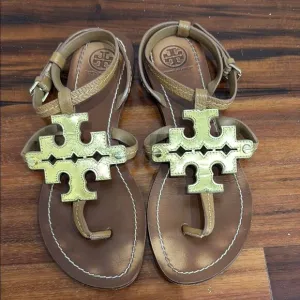 Tory Burch Tan and Gold Cross Sandals Size 6