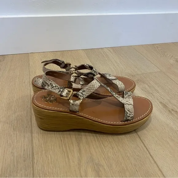 TORY BURCH Tracy Wedge Roccia Python Sandals Shoes Size 10.5