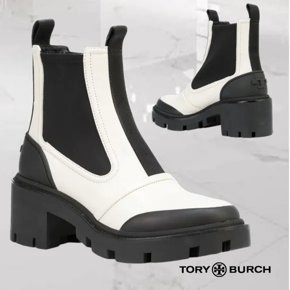 Tory Burch Women's Lug-Sole Chelsea Boots Ivory &amp; Black, Size 9 1/2