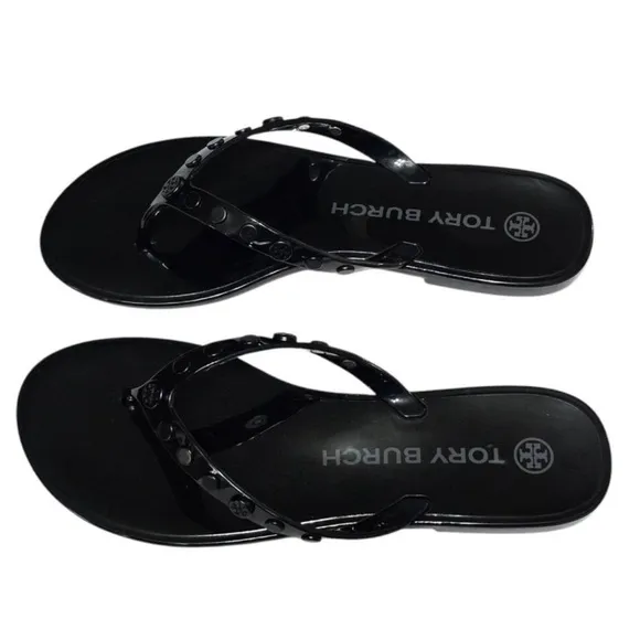 Tory Burch Women's Studded Jelly Thongs Sandals Flats In Perfect Black Size 7