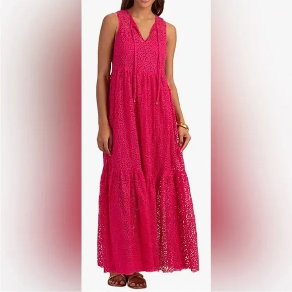 Trina Turk Beach Dress Radiant Pink Sleeveless Maxi Tiered Size Small