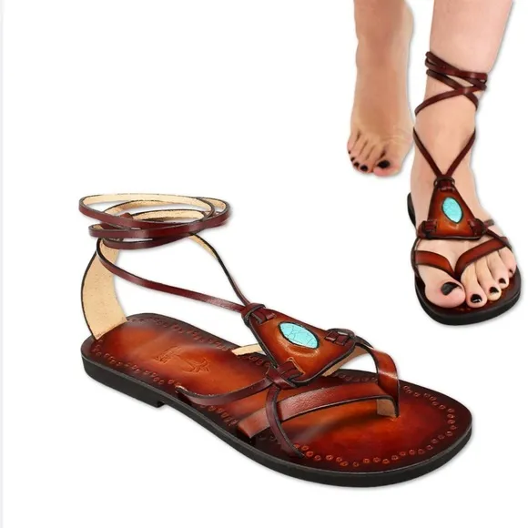 Turquoise stone leather sandals.