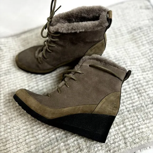 UGG Bridgit US 8 EU 39 Women’s Dark Gray Waterproof Suede Wedge Heel Ankle Boots