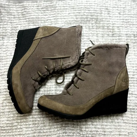 UGG Bridgit US 8 EU 39 Women’s Dark Gray Waterproof Suede Wedge Heel Ankle Boots