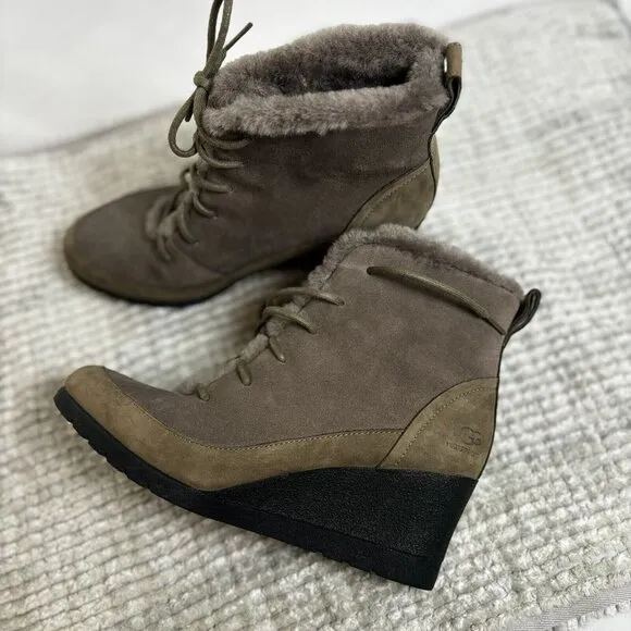 UGG Bridgit US 8 EU 39 Women’s Dark Gray Waterproof Suede Wedge Heel Ankle Boots