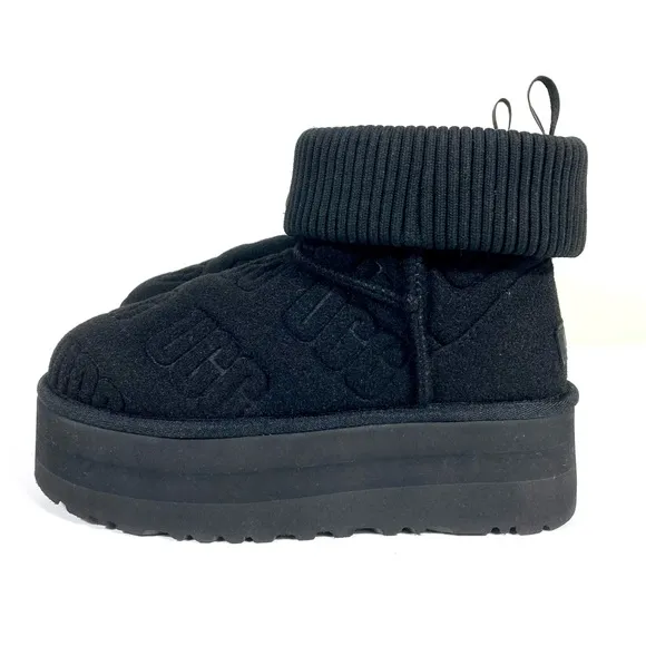 UGG Classic Mini Platform Logo Felted Boots Black 7 10 NEW 1144047