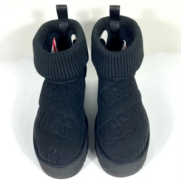 UGG Classic Mini Platform Logo Felted Boots Black 7 10 NEW 1144047