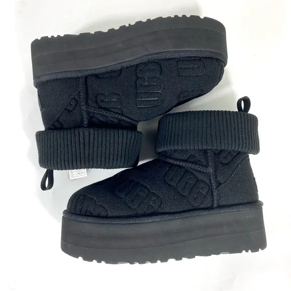 UGG Classic Mini Platform Logo Felted Boots Black 7 10 NEW 1144047