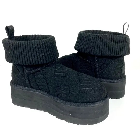 UGG Classic Mini Platform Logo Felted Boots Black 7 10 NEW 1144047