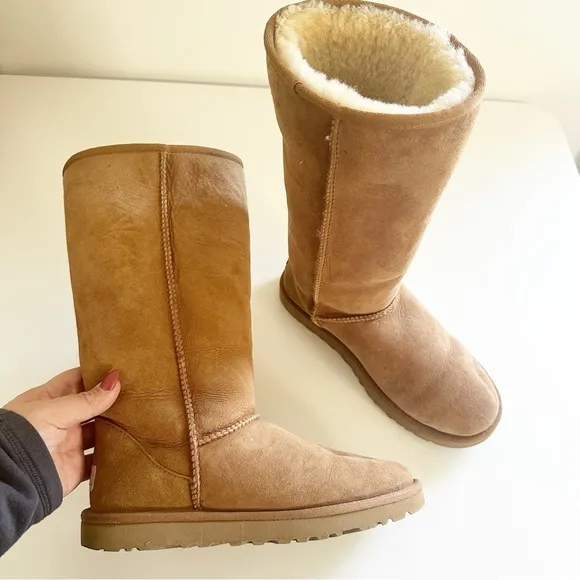 UGG Classic Tall Shearling Suede Boots Chestnut Brown 8