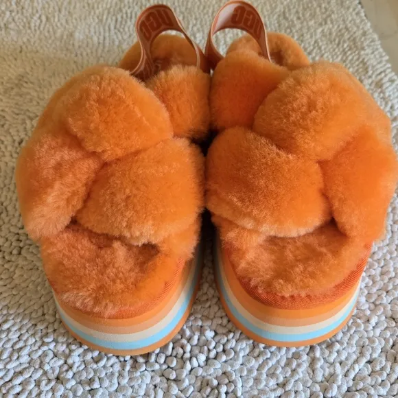 UGG Disco Knot Mandarin Orange Fluffy Platform Sandals