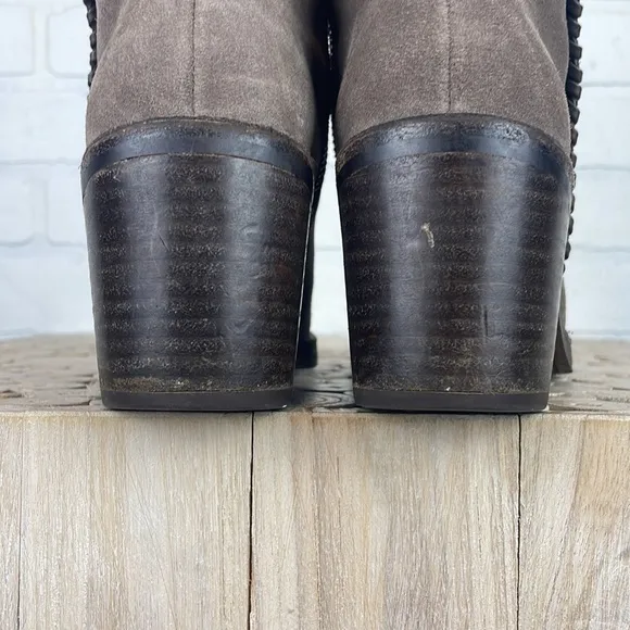 UGG Fraise Whipstitch Taupe Suede Chunky Wooden Heel Boho Boots 7