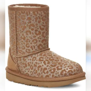 Ugg Girls Classic ll Glitter Leopard Boots Chestnut Suede Fur size 1