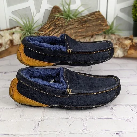 UGG Mens ASCOT Suede Shearling Lined Moccasin Slippers Blue/Yellow