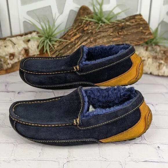UGG Mens ASCOT Suede Shearling Lined Moccasin Slippers Blue/Yellow