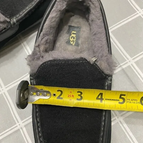 UGG Men’s Black Suede Ascot Slippers Loafers Grey Wool, Rubber Sole Size 9