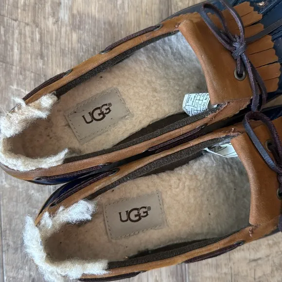 UGG patent leather blue/navy loafers, sherling/wool lining size 6.5