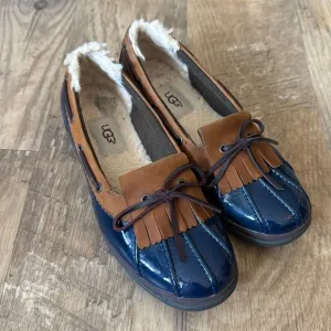UGG patent leather blue/navy loafers, sherling/wool lining size 6.5