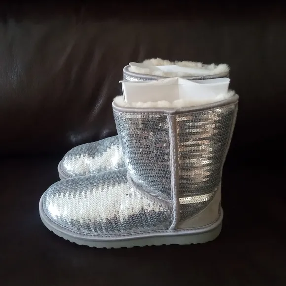 UGG Silver Metallic Boots Classic Short Style NEW