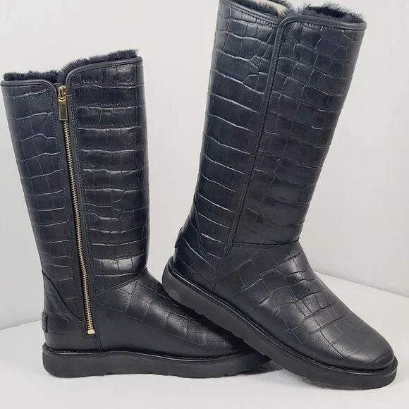 UGG Women's Black Abree II Classic Luxe Croc Leather Tall Winter Boots Size 6