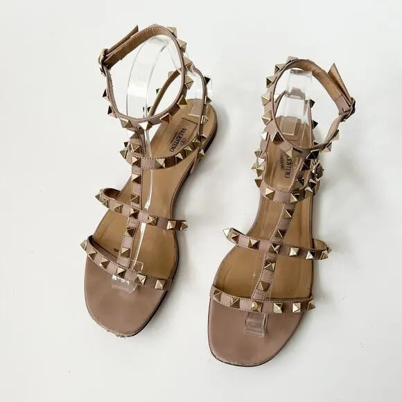 Valentino Garavani Rockstud Flat Caged Leather Sandals Women's Beige Poudre 37