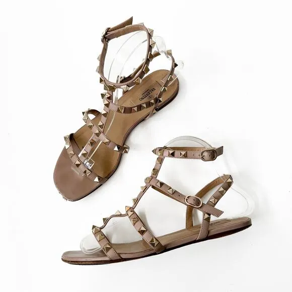Valentino Garavani Rockstud Flat Caged Leather Sandals Women's Beige Poudre 37