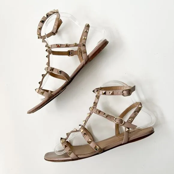 Valentino Garavani Rockstud Flat Caged Leather Sandals Women's Beige Poudre 37