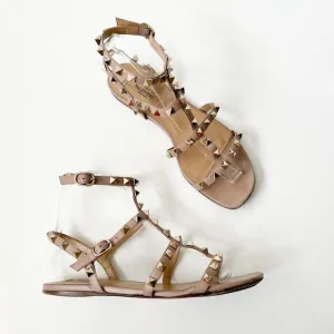Valentino Garavani Rockstud Flat Caged Leather Sandals Women's Beige Poudre 37