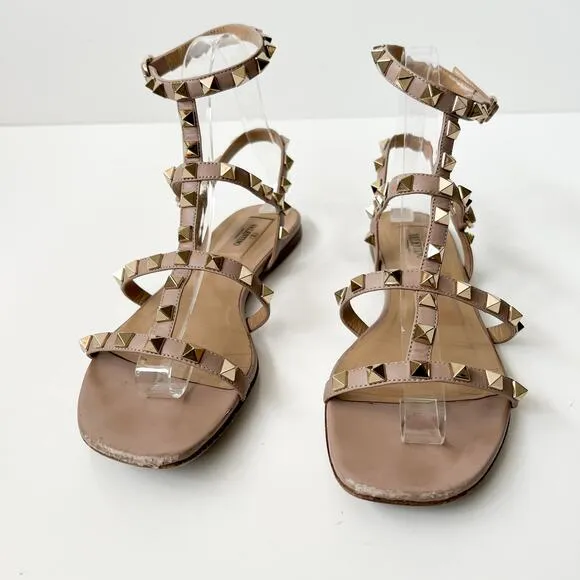 Valentino Garavani Rockstud Flat Caged Leather Sandals Women's Beige Poudre 37