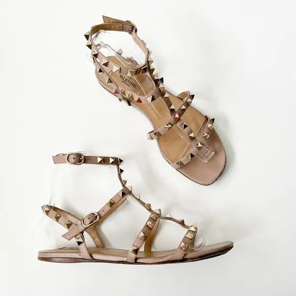Valentino Garavani Rockstud Flat Caged Leather Sandals Women's Beige Poudre 37