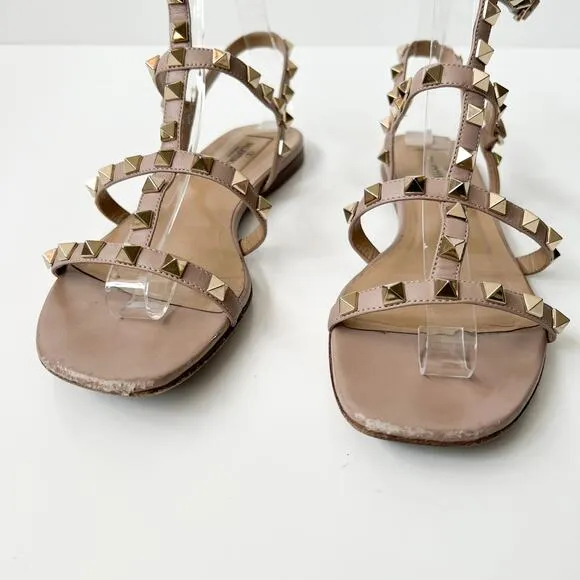 Valentino Garavani Rockstud Flat Caged Leather Sandals Women's Beige Poudre 37