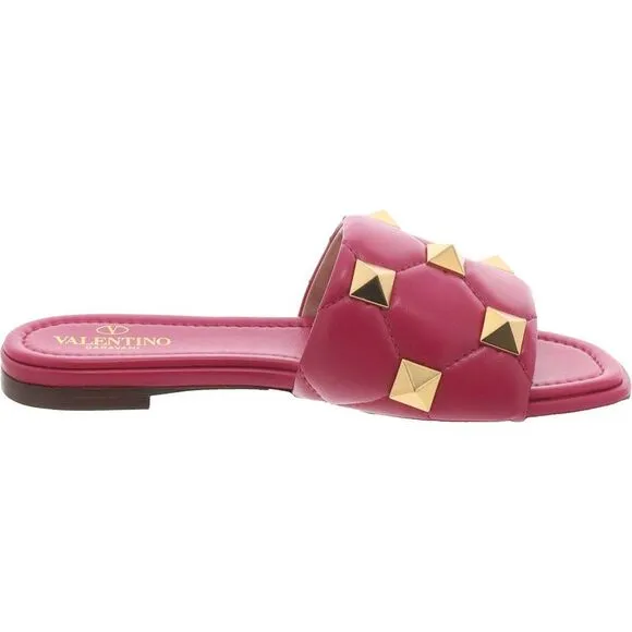 Valentino Garavani Womens Pink Leather Studded Flat Slide Sandals Shoes
