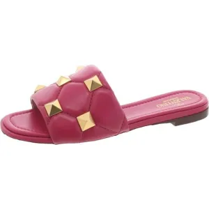 Valentino Garavani Womens Pink Leather Studded Flat Slide Sandals Shoes