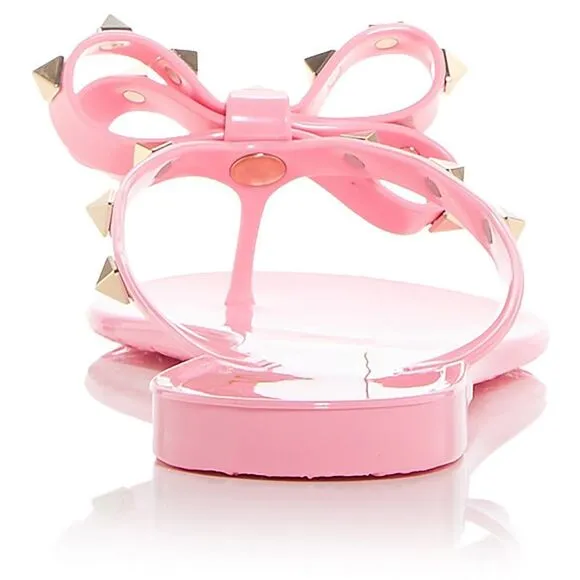 Valentino Garavani Womens PM Thong Pink Studded Bow Thong Sandals Shoes
