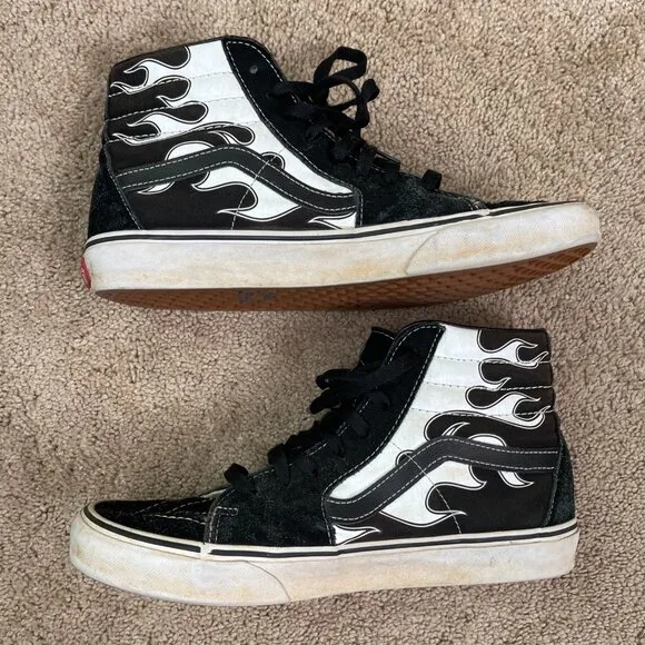 Vans Sneakers Mens 9.5 Black White Flames High Top Skater Punk Y2K Rock Sk8-Hi