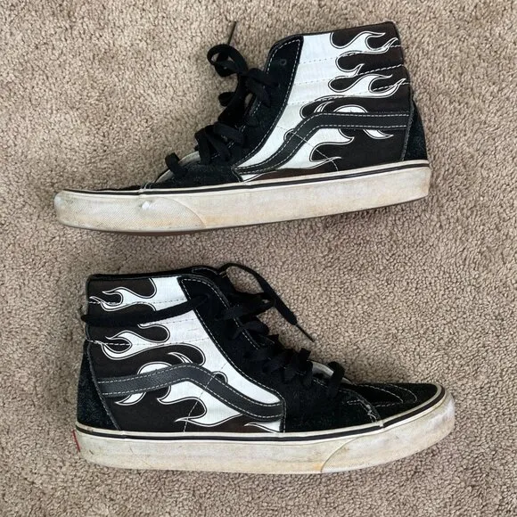 Vans Sneakers Mens 9.5 Black White Flames High Top Skater Punk Y2K Rock Sk8-Hi