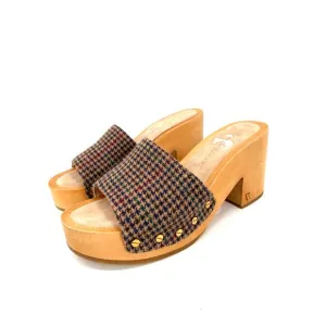 Veronica Beard Hannalee Houndstooth Studded Wool Wooden Platform Heeled Sandals